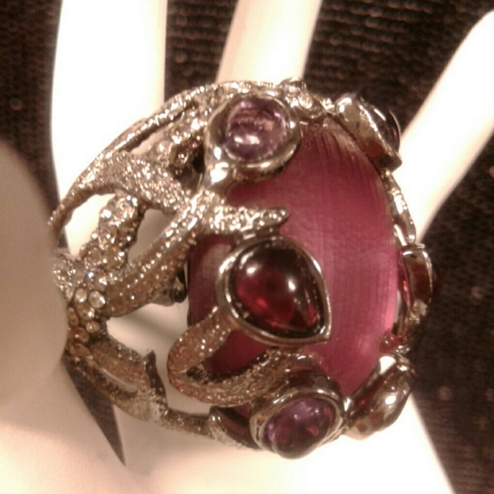 Alexis Bittar burgundy lucite ring with crystals & stones in gunmetal setting.